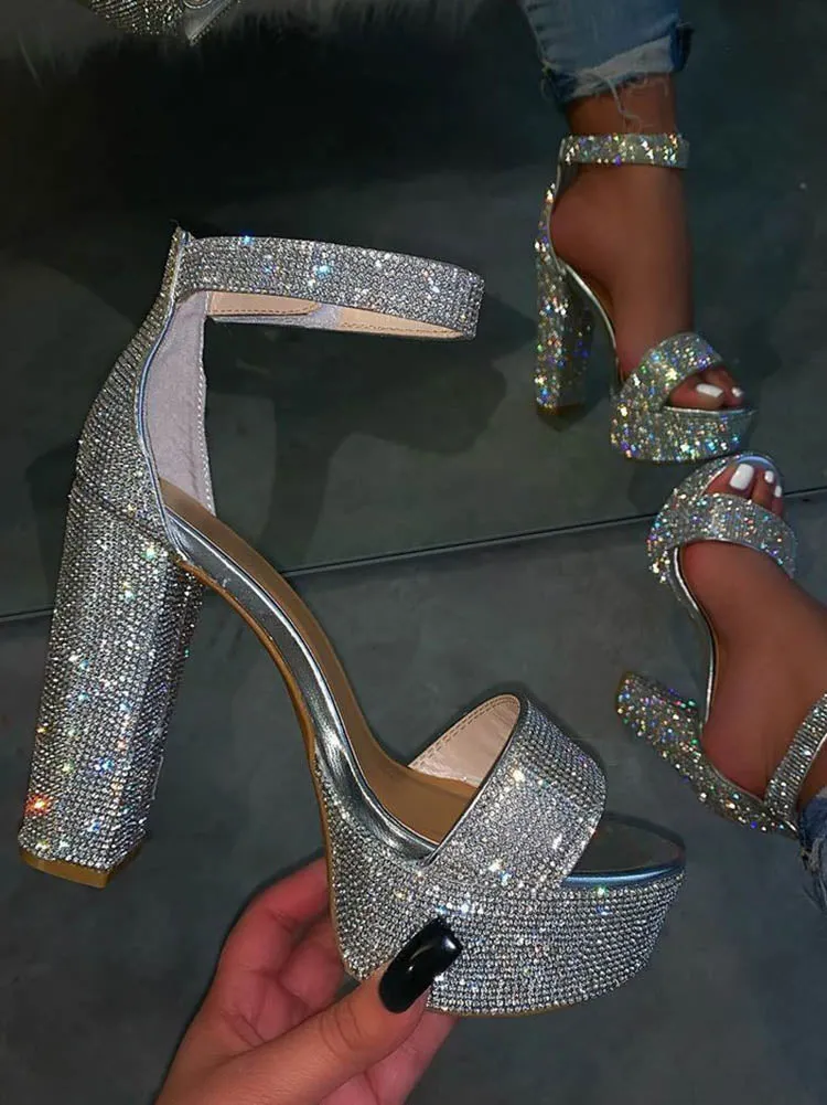 Amozae-Rhinestone Chunky Heel Platform Sandals