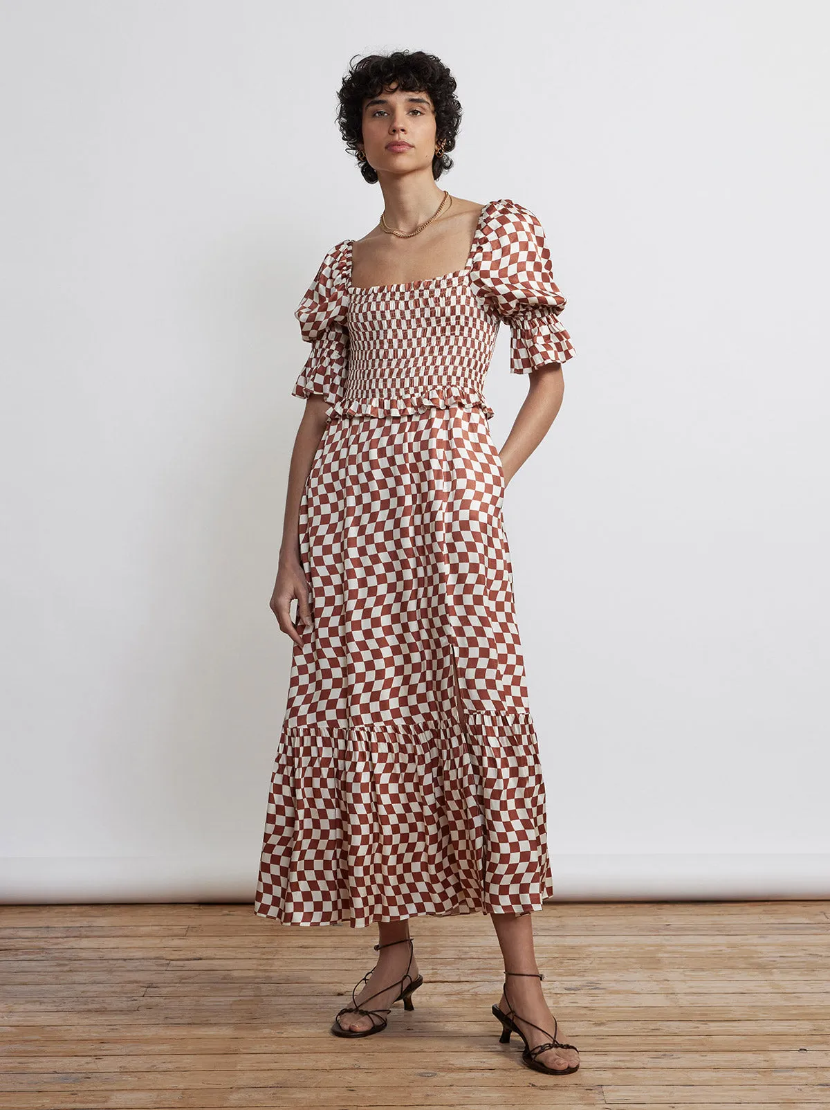 Barbara Brown Wavy Checker Shirred Dress