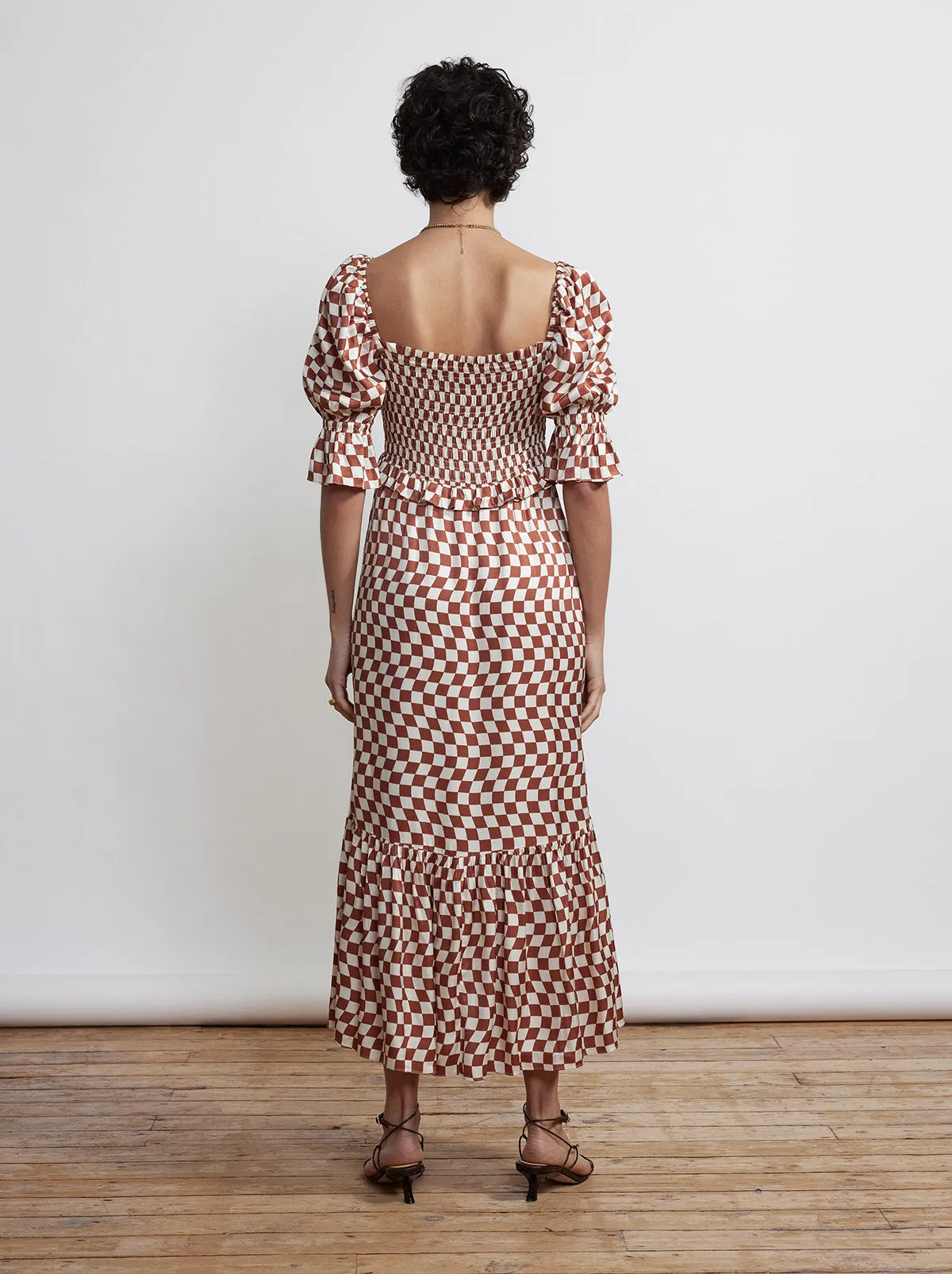 Barbara Brown Wavy Checker Shirred Dress