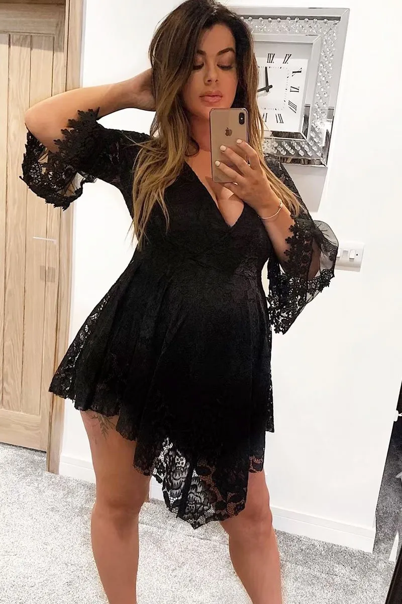 Black Lace Plunge Wrap Bell Sleeve Mini Dress - Kristina
