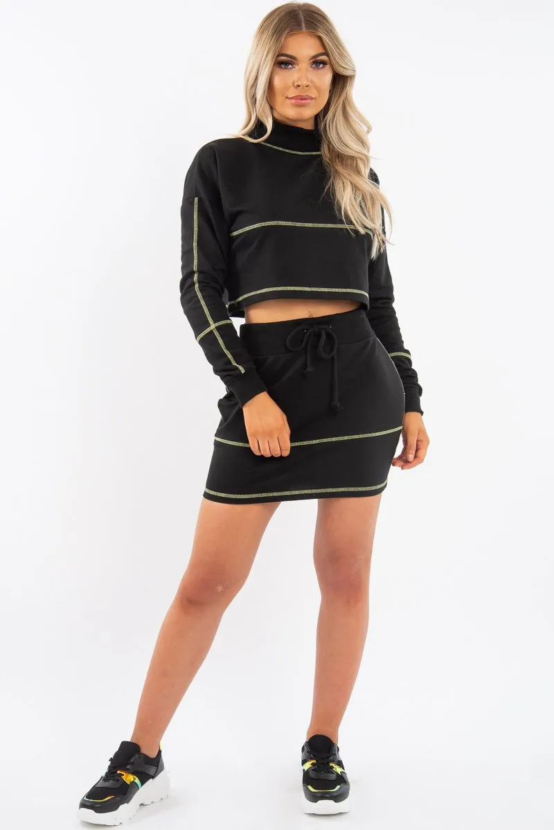 Black Lime Contrast Stitch Crop Jumper Skirt Co-ord - Keva