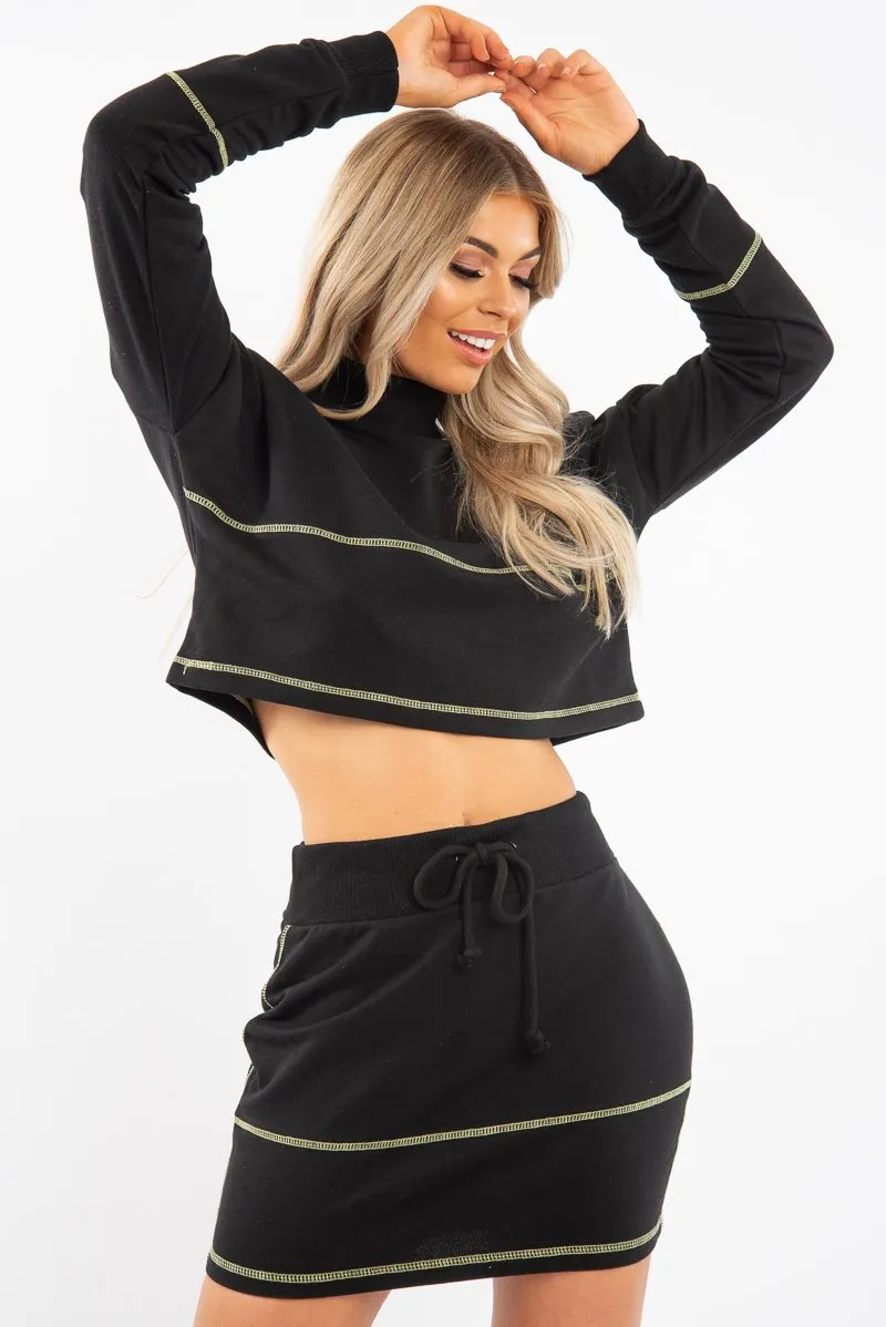 Black Lime Contrast Stitch Crop Jumper Skirt Co-ord - Keva