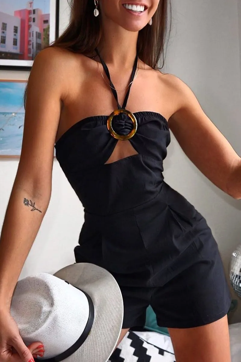 Black Resin Buckle Tie Detail Halterneck Playsuit - Jules