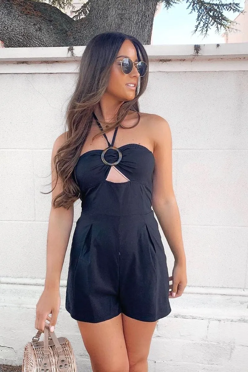 Black Resin Buckle Tie Detail Halterneck Playsuit - Jules