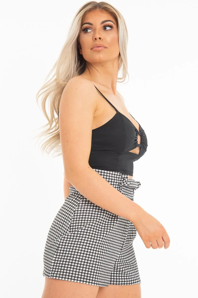 Black Woven Plunge Ring Detail Crop Top - Lettie