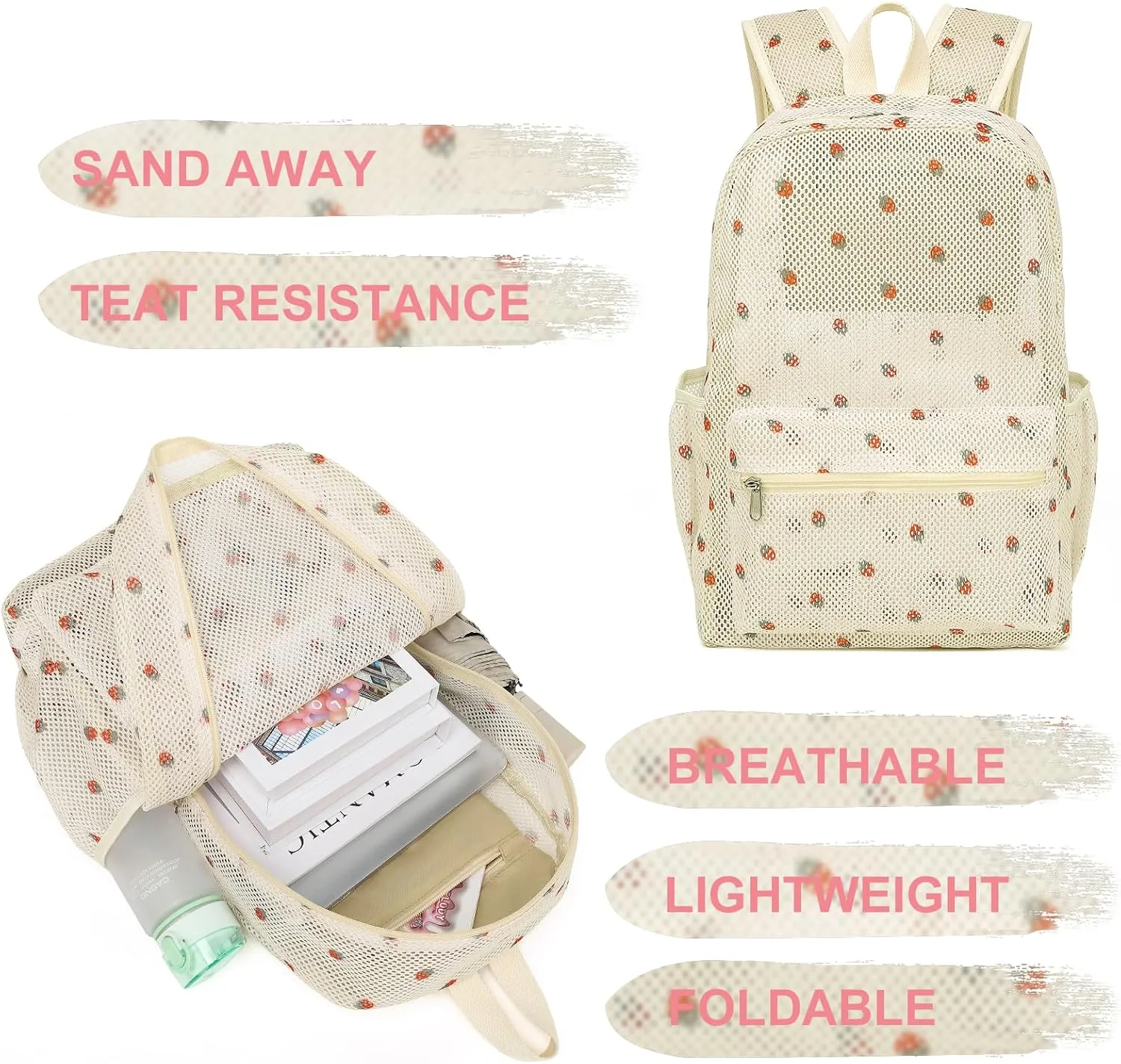 CAMTOP Mesh Backpack Kids Boys Girls Bookbag See Through Preschool Backpacks Casual Daypack for School Beach Travel Sport (Beige Strawberry)