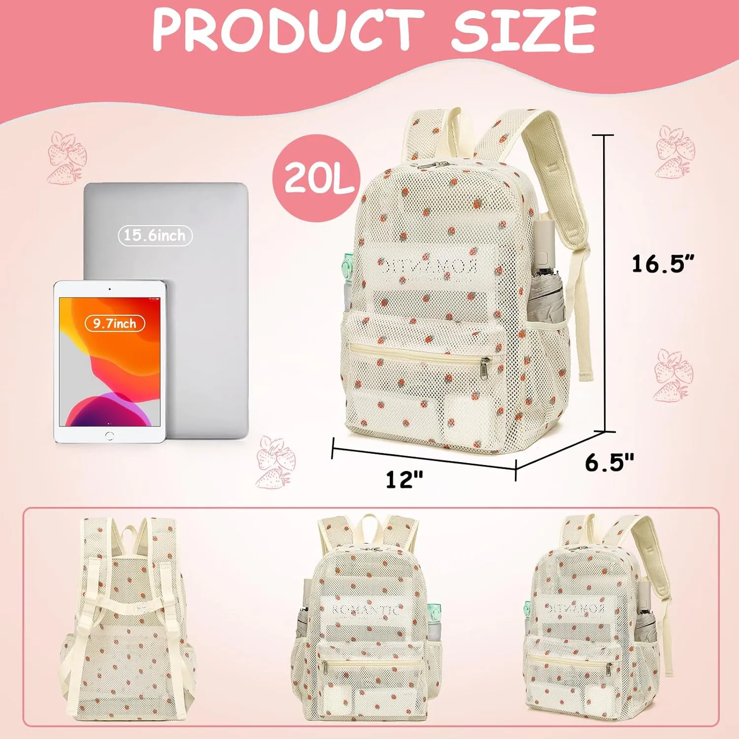 CAMTOP Mesh Backpack Kids Boys Girls Bookbag See Through Preschool Backpacks Casual Daypack for School Beach Travel Sport (Beige Strawberry)