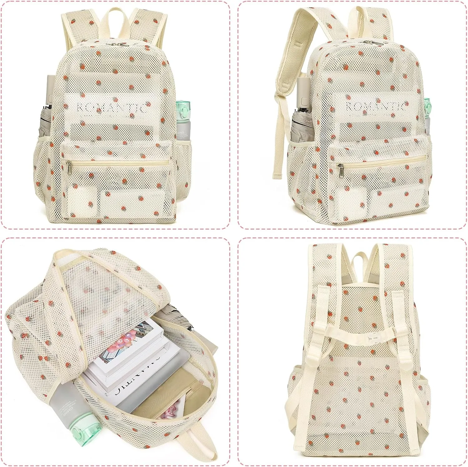 CAMTOP Mesh Backpack Kids Boys Girls Bookbag See Through Preschool Backpacks Casual Daypack for School Beach Travel Sport (Beige Strawberry)