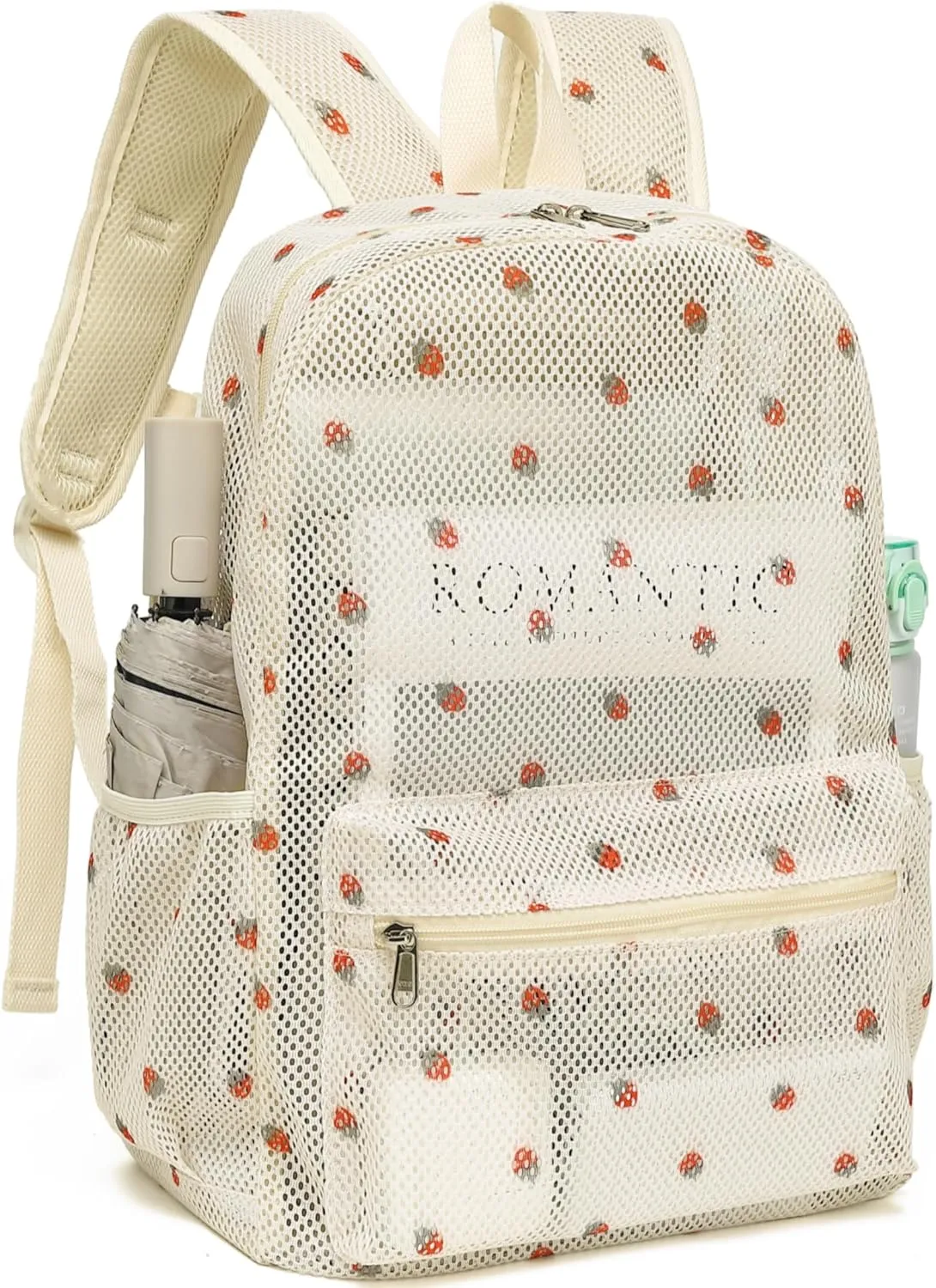 CAMTOP Mesh Backpack Kids Boys Girls Bookbag See Through Preschool Backpacks Casual Daypack for School Beach Travel Sport (Beige Strawberry)