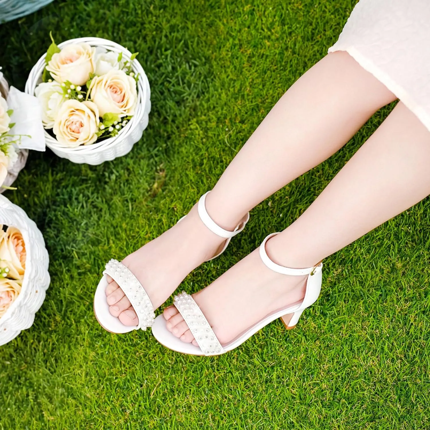 Girls Heel Sandals Open Toe Ankle Strap Flower Girl Dress Pump Sandals Wedding Party for Little Big Kid