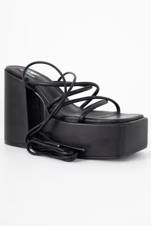 Heartbreak Chunky Tie Leg Platform Sandals in Black