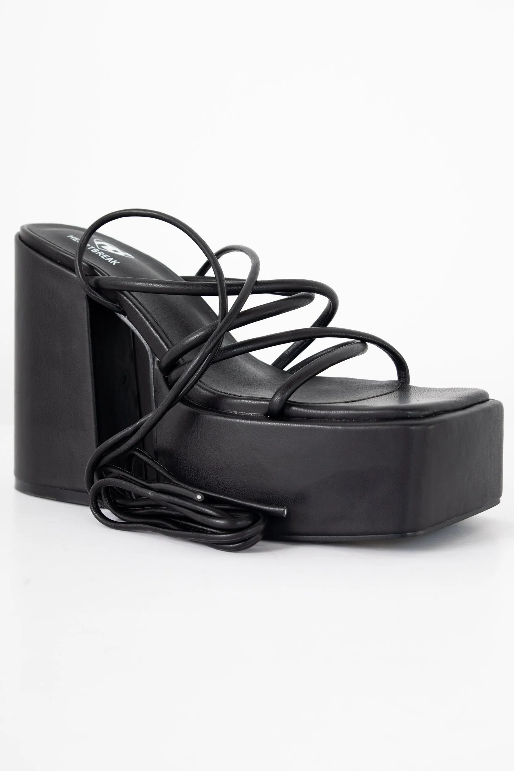 Heartbreak Chunky Tie Leg Platform Sandals in Black