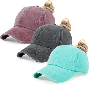 HH HOFNEN Ponytail Hats Womens Washed Distressed Baseball Cap High Ponycaps Cotton Dad Hat with Ponytail Hole