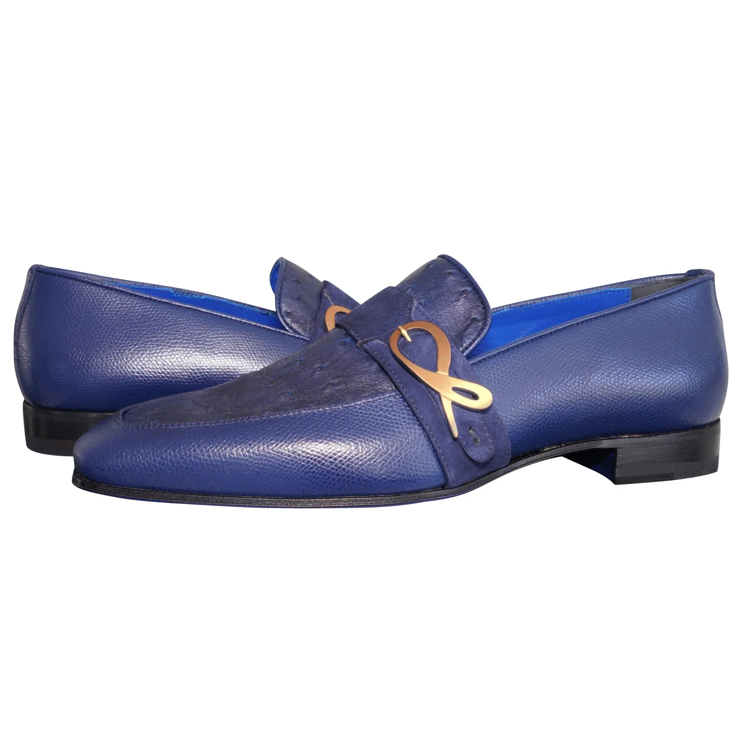 Indigo Ostrich Monk Rose Gold Loafer