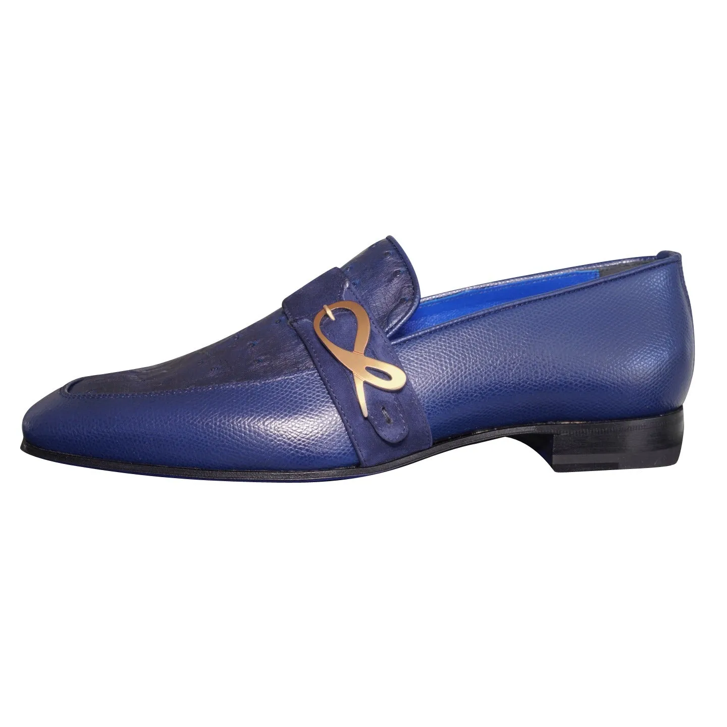 Indigo Ostrich Monk Rose Gold Loafer