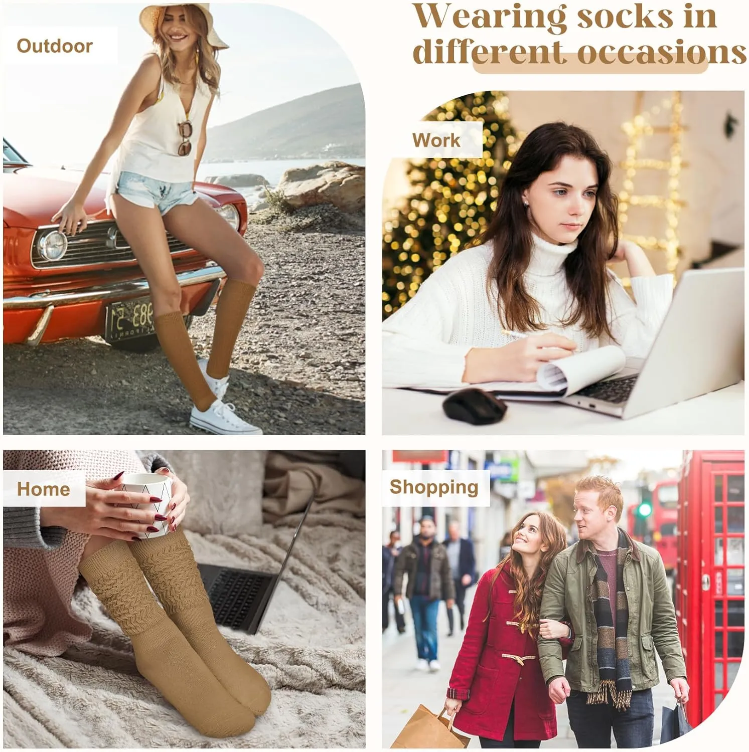 Justay 5 Pairs Slouchy Socks for Women - Knit Cotton Tube Cute Knee High Boot Long Scrunch Slouch Socks Gifts