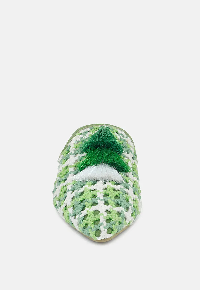 MARIANA Green Woven Flat Mules With Tassels