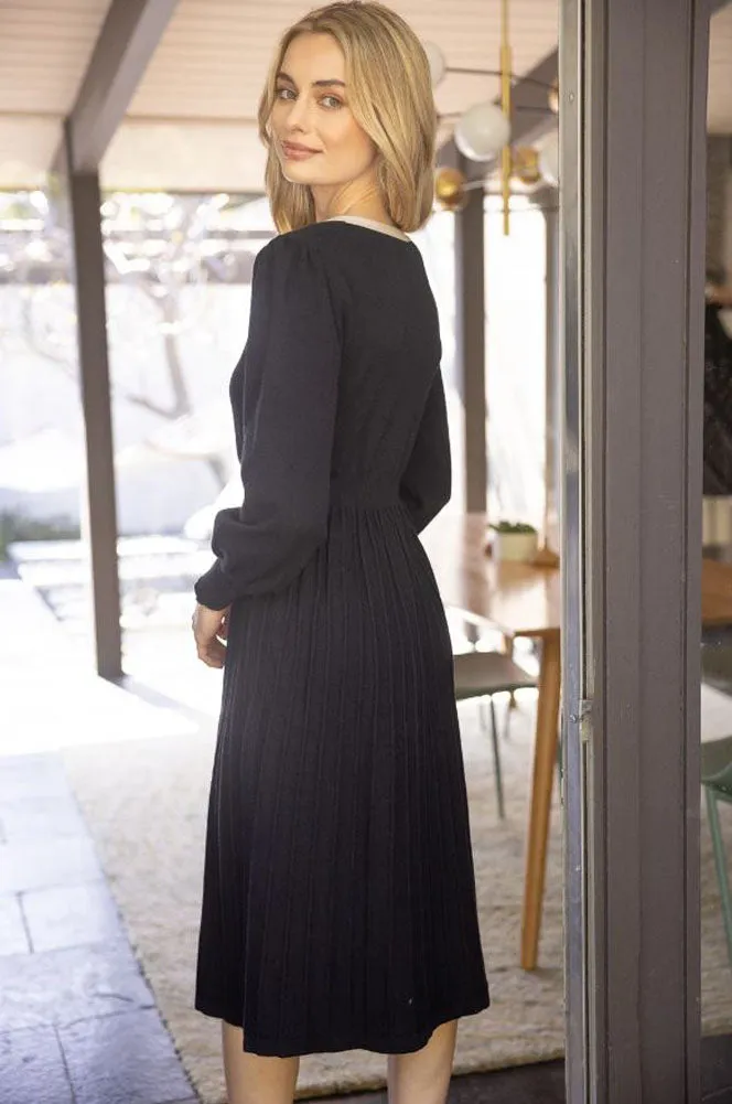 Princess Sleeve Ribbon Neckline Midi Knit Dress in Black by VOY