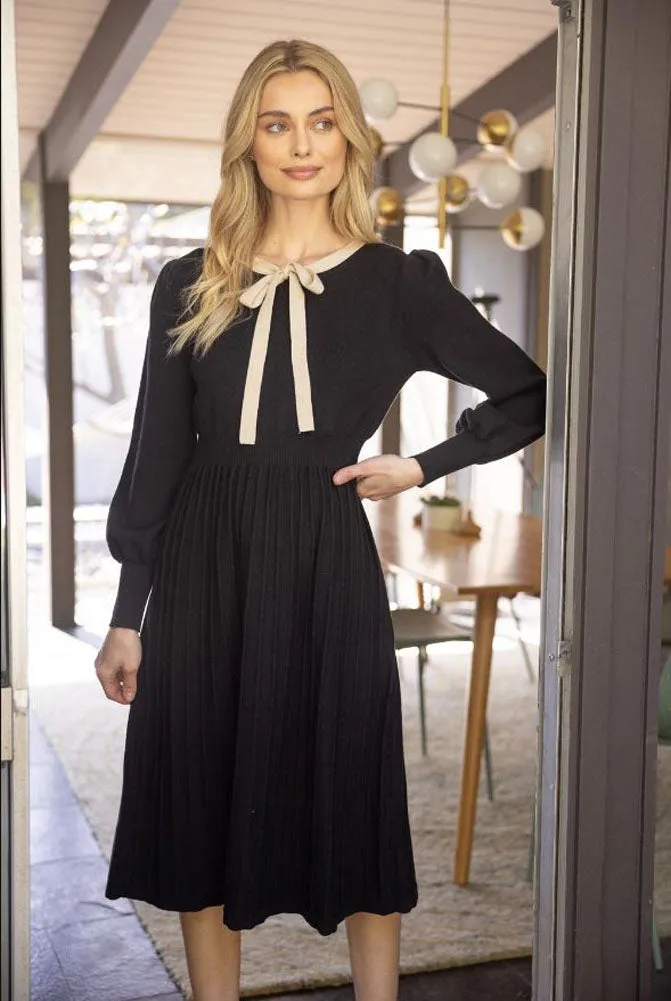 Princess Sleeve Ribbon Neckline Midi Knit Dress in Black by VOY