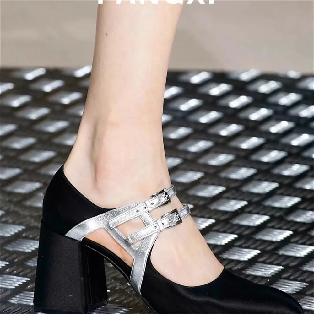 TAVIMART  -  Satin Zapatos Para Mujeres Metal Color Splice Shoes For Woman Square Toe Heeled Sandals Chunky Heels Туфли Женские Soft Leather