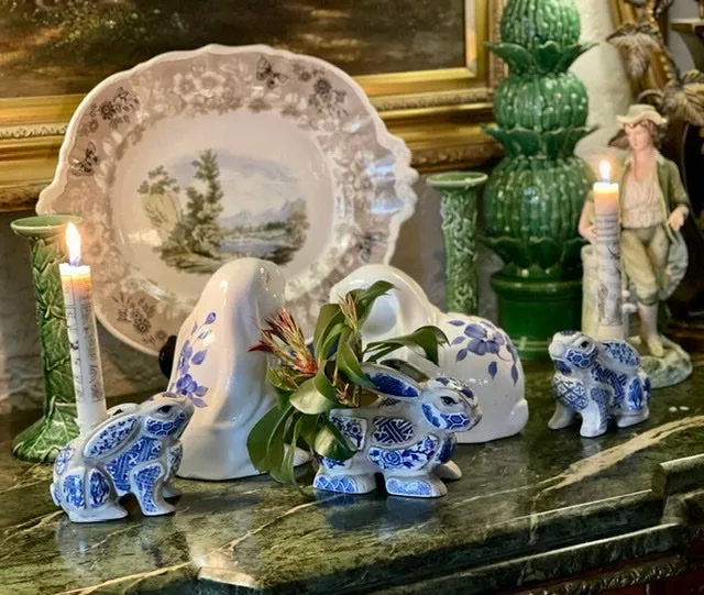 Vintage Pair of Blue & White Floral Hand Painted  Rabbit Figurines