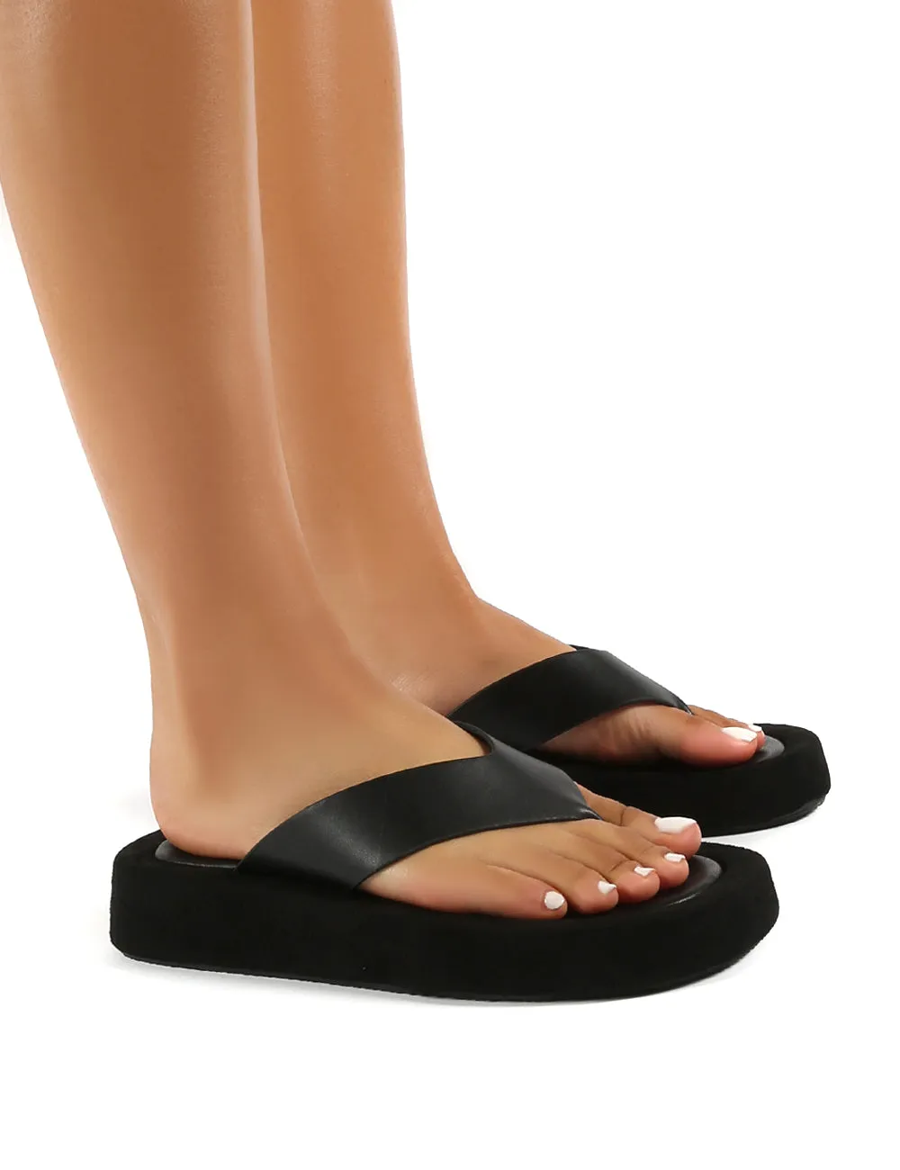 Voyage Black PU Thong Strap Chunky Sole Sandals