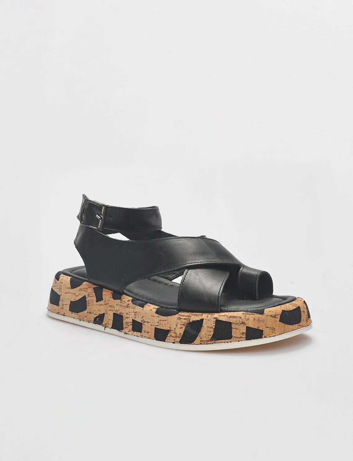 Women Black Genuine Leather Chunky Sandals